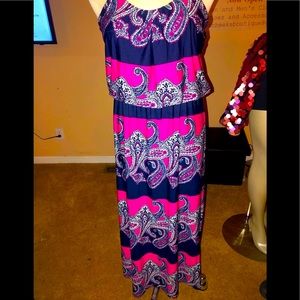 Vibrant navy blue and pink dress